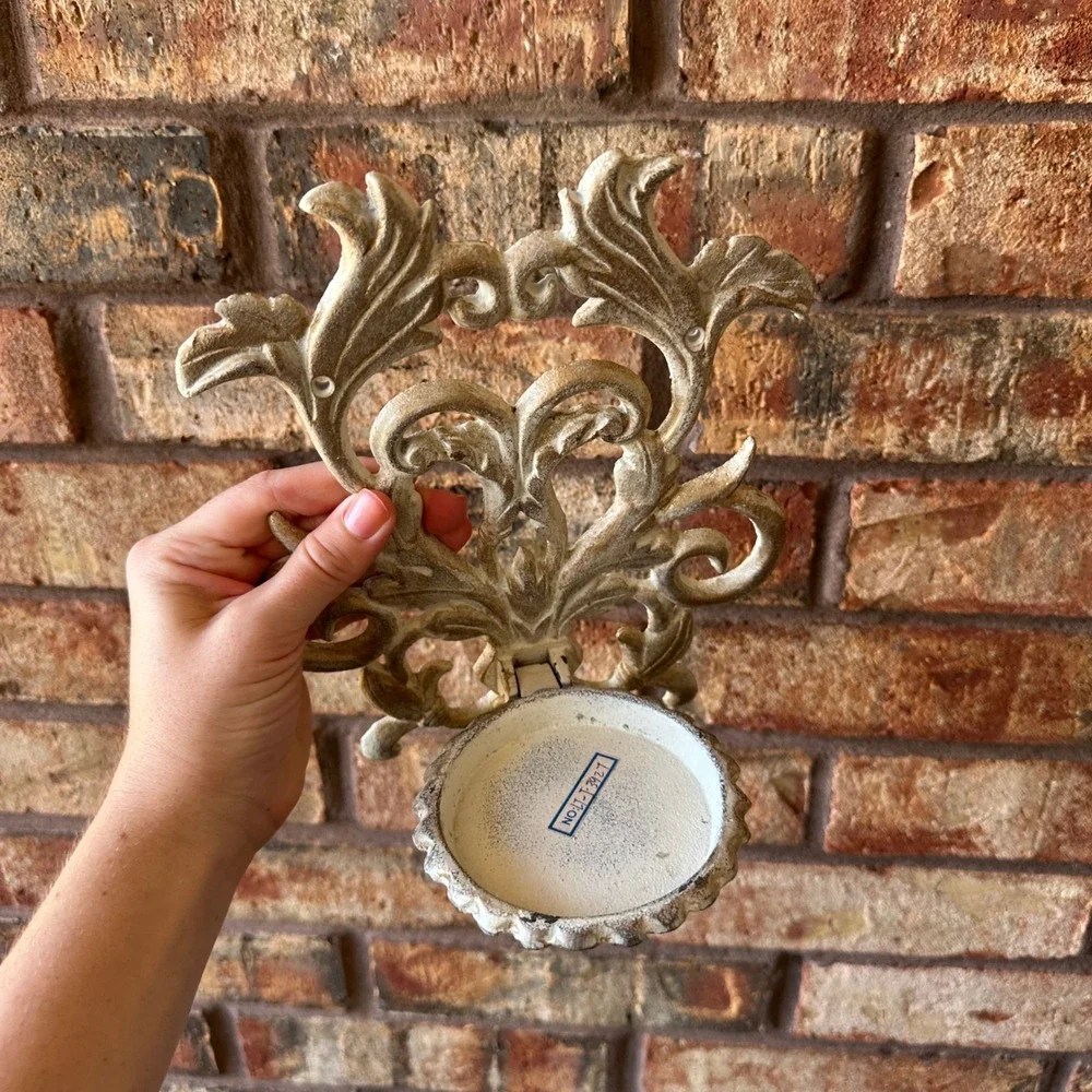 Vintage Ornate Cast Iron Wall Sconce Candle Holder Shabby Chic White Gold Metal